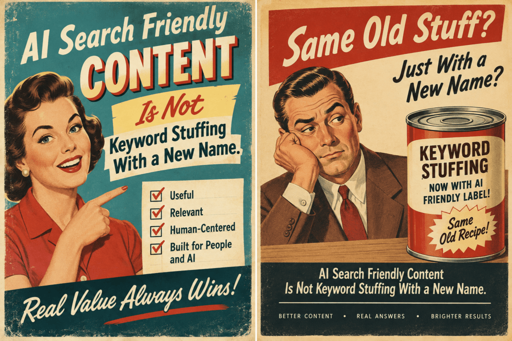 Retro illustration comparing helpful AI search-friendly content with outdated keyword stuffing.