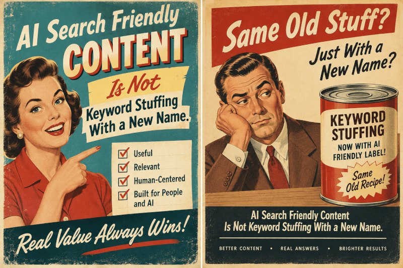 Retro illustration comparing helpful AI search-friendly content with outdated keyword stuffing.