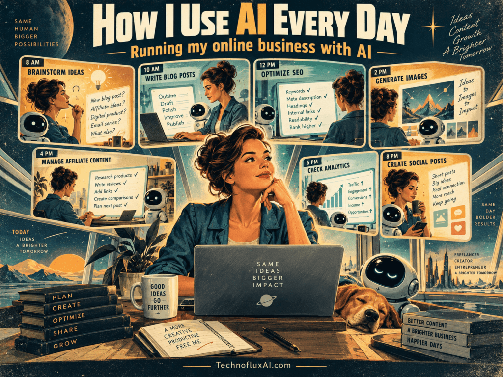 Retro infographic showing a daily AI business workflow with tasks like brainstorming, writing blog posts, SEO, generating images, analytics, affiliate content, and social media creation.