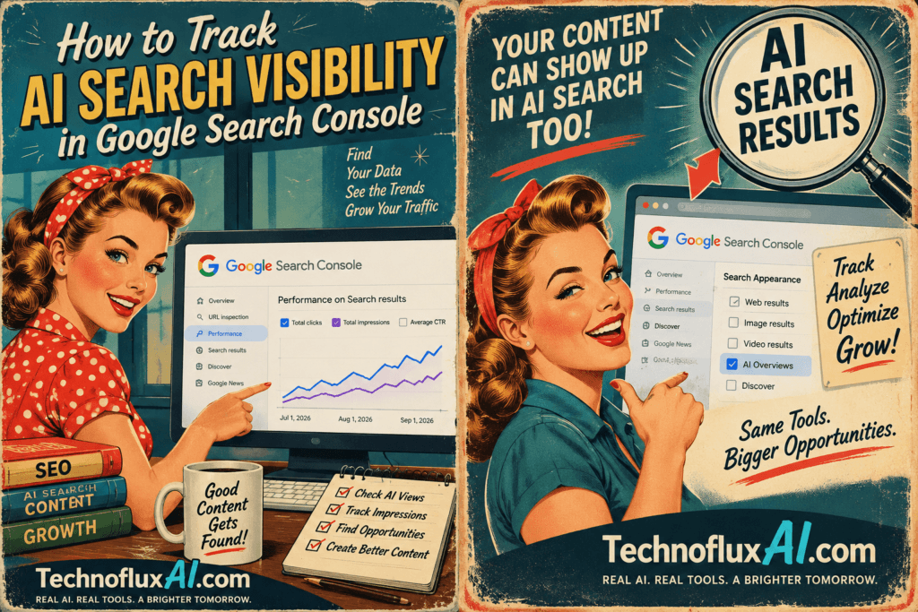 Retro poster of a smiling woman beside a laptop showing content performance in AI search, with bold text reading “Google Search Console: See Your AI Search Impact” and TechnofluxAI.com branding.
