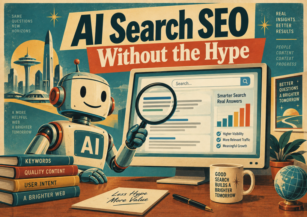Retro professional using an AI search interface with SEO, quality content, user intent, and growth concepts.