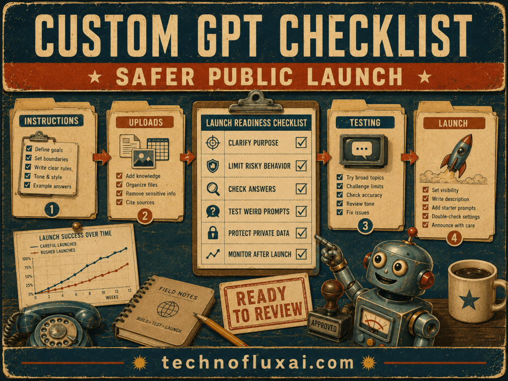 Retro infographic poster showing a custom GPT safer public launch workflow with sections for instructions, uploads, testing, launch steps, a readiness checklist, and a friendly robot.