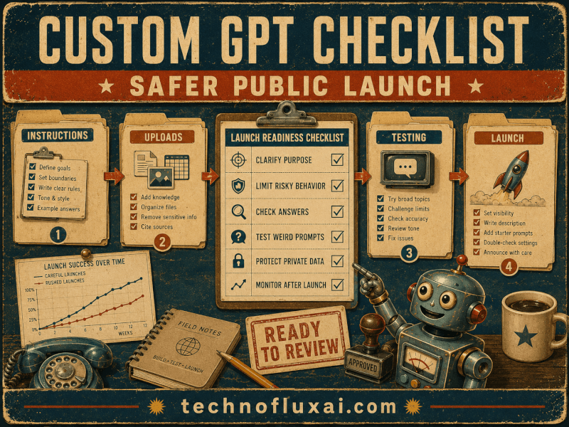 Retro infographic poster showing a custom GPT safer public launch workflow with sections for instructions, uploads, testing, launch steps, a readiness checklist, and a friendly robot.