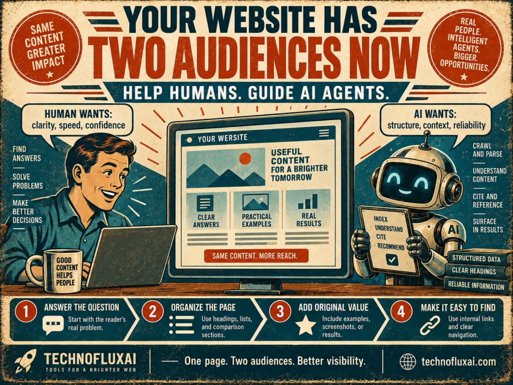 Retro TechnofluxAI infographic showing a human user and an AI agent beside a website screen, illustrating how useful content should help people while also giving AI agents structure, context, and reliable information.