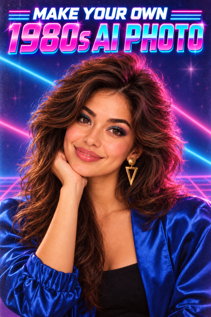 Neon 1980s AI portrait created in ChatGPT with retro hair, makeup, and clothing.