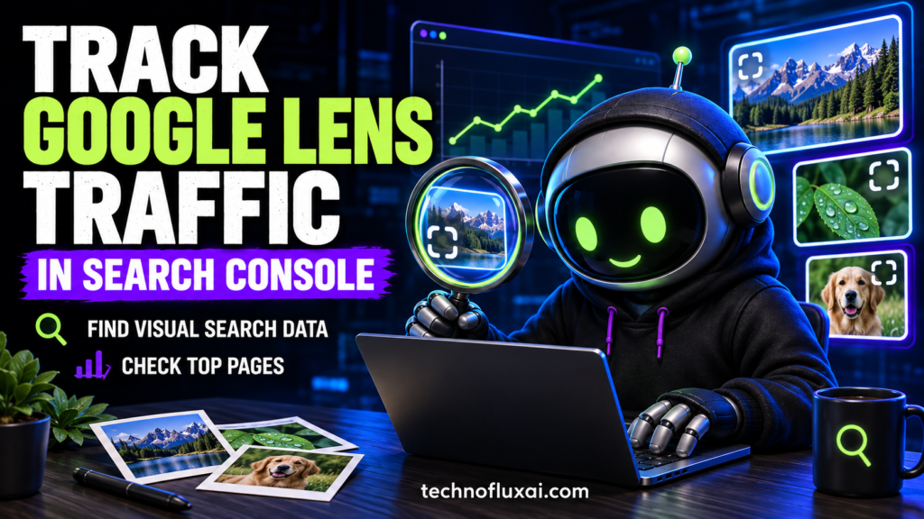 FluxBot points to recipe, product, and tutorial images beside a three-step monthly Google Lens traffic audit.