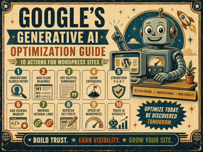Google Generative AI Optimization Guide showing 10 actions WordPress site owners can use to improve AI search visibility.