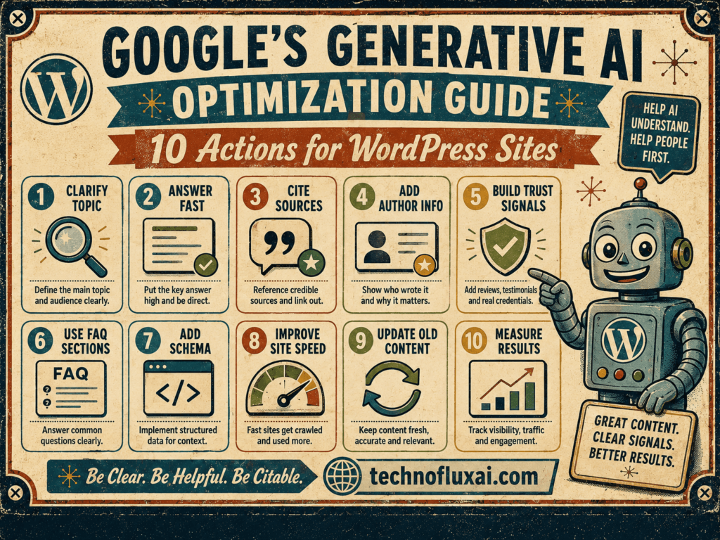 Retro infographic with 10 Generative AI Optimization actions including citations, author information, schema, FAQs, site speed, and content updates.