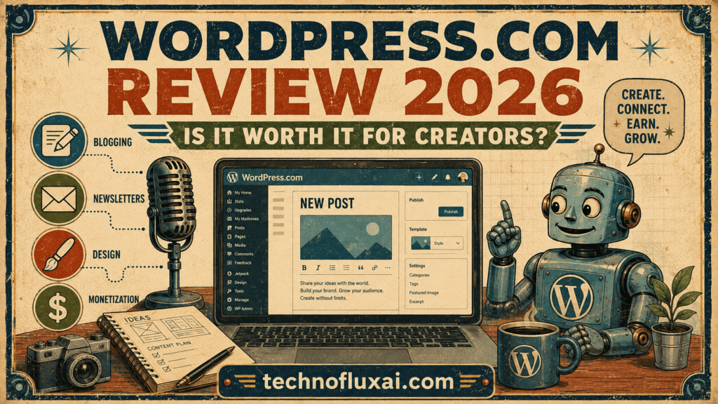 Retro WordPress.com Review 2026 illustration showing a creator workspace with laptop, microphone, camera, blogging, newsletters, design, and monetization icons.