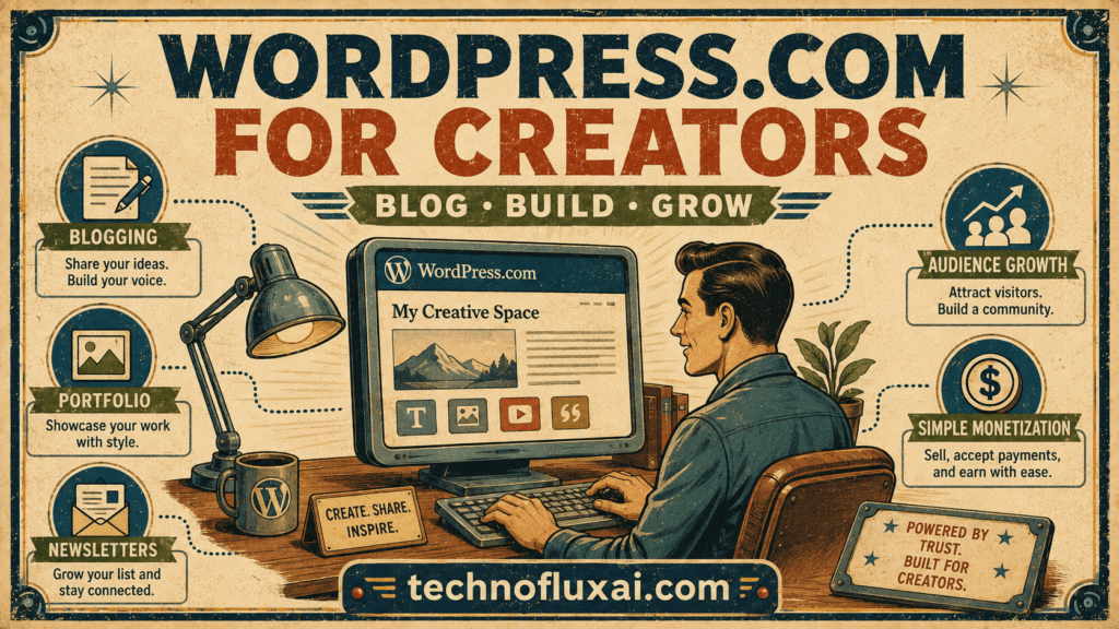 Retro illustration of a creator using WordPress.com with callouts for blogging, portfolios, newsletters, audience growth, and monetization.