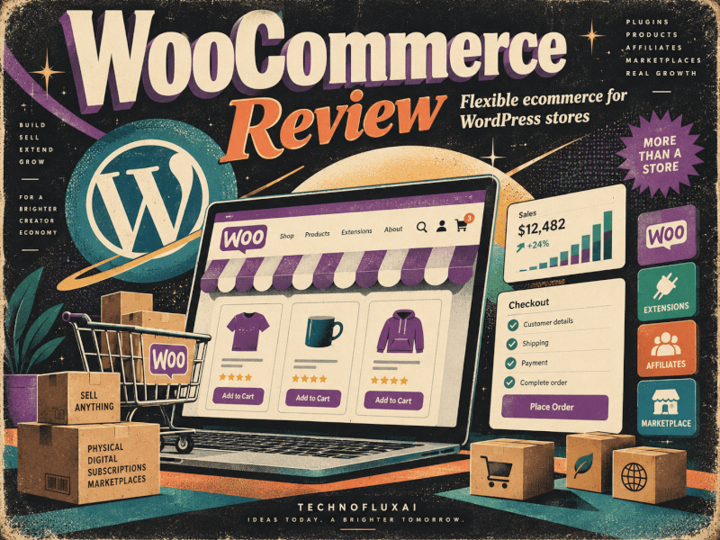 Retro WooCommerce review graphic showing a WordPress online store, shopping cart, checkout, extensions, products, and sales analytics.