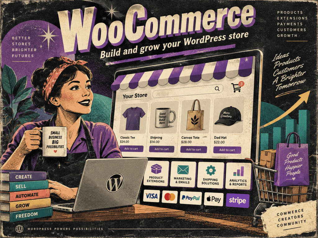Retro illustration of a small business owner managing a WooCommerce WordPress store with products, payments, extensions, shipping, and analytics.