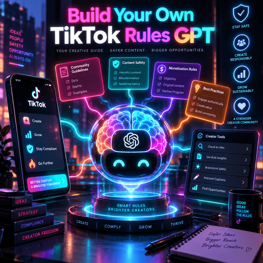 Neon AI brain connected to TikTok community guidelines, content safety, monetization rules, and creator best practices.