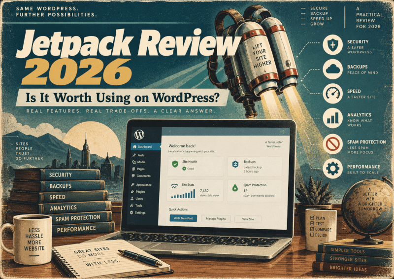 Jetpack Review 2026 illustration showing a WordPress dashboard with security, backups, speed, analytics, spam protection, and performance tools.