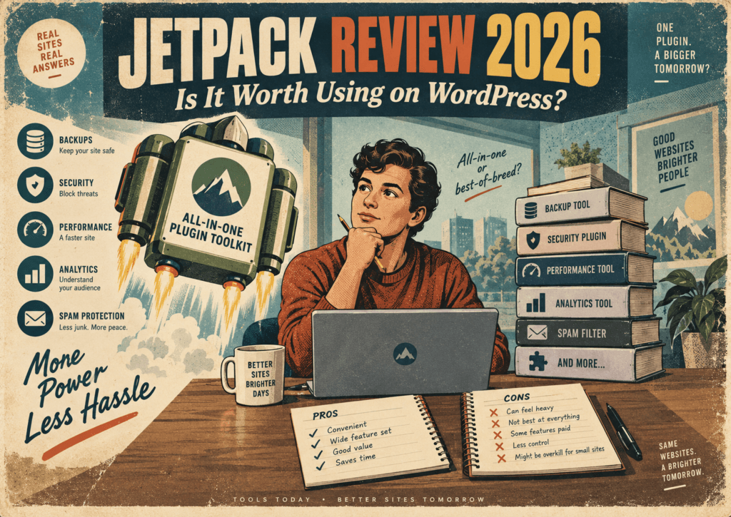 Jetpack Review 2026 retro illustration comparing an all-in-one WordPress plugin toolkit with separate backup, security, performance, analytics, and spam plugins.