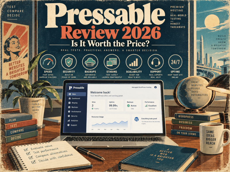 Pressable Review 2026 retro illustration showing managed WordPress hosting features including speed, security, backups, staging, uptime, scalability, and support.