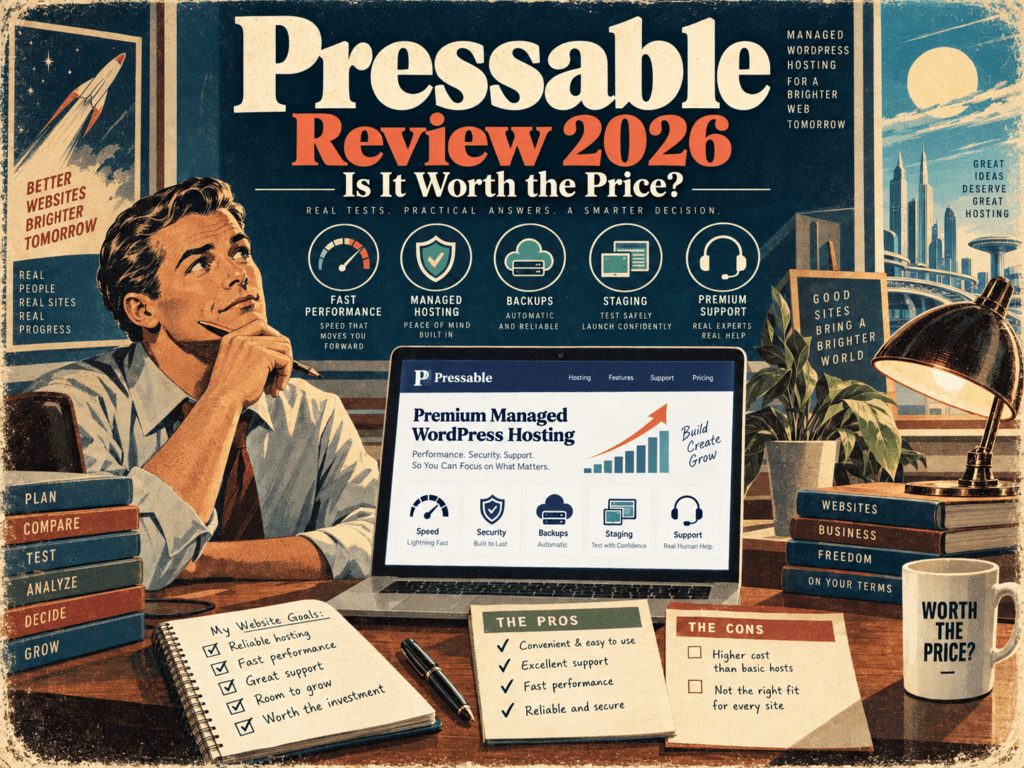 Pressable Review 2026 retro illustration comparing the pros and cons of premium managed WordPress hosting, including performance, backups, staging, security, and support.