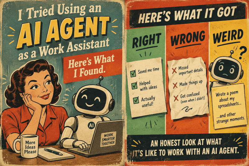 Retro illustration showing a person working with an AI agent, highlighting what the AI assistant got right, wrong, and weird.
