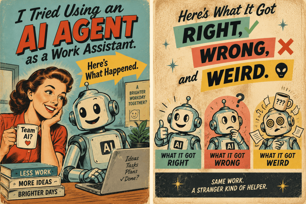 Vintage retro poster showing a human and AI robot working together with sections for what the AI agent got right, wrong, and weird.