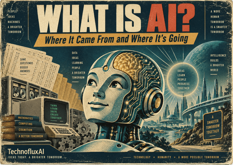 Retro-style poster about artificial intelligence showing a friendly robot, punch cards, an old computer, and a futuristic city with the headline What Is AI? Where It Came From and Where It’s Going.