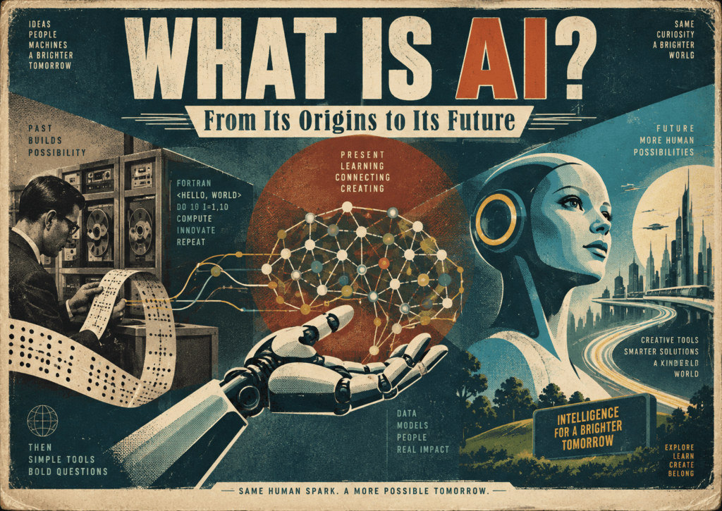 Retro-futurist illustration about artificial intelligence history and future featuring an early computer operator, a robotic hand, a neural network, and a futuristic robot beside the headline What Is AI? From Its Origins to Its Future.