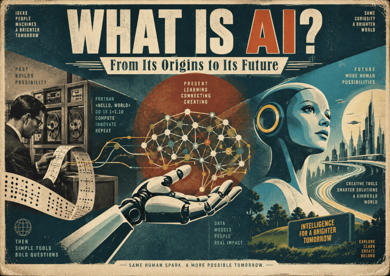 Retro-futurist illustration about AI history and future featuring an early computer operator, a robotic hand, a neural network, and a futuristic robot beside the headline What Is AI? From Its Origins to Its Future.