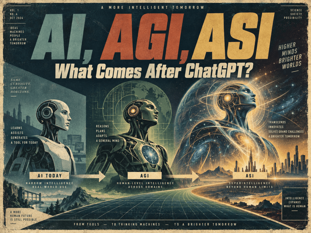 Retro illustration of Project Astra showing a person wearing smart glasses with AI vision, audio, memory, maps, tools, and screen-understanding features.
