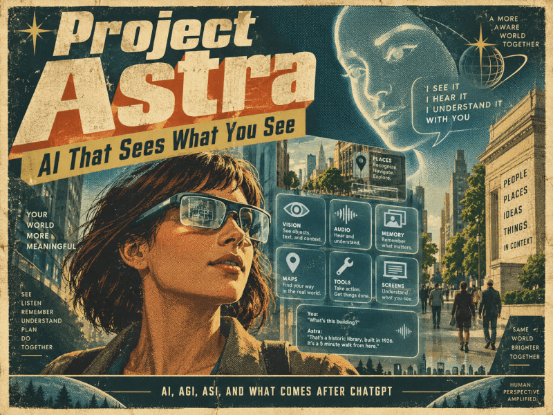 Retro-futurist illustration showing the progression from AI to AGI to ASI with increasingly advanced robotic figures and the headline “What Comes After ChatGPT?
