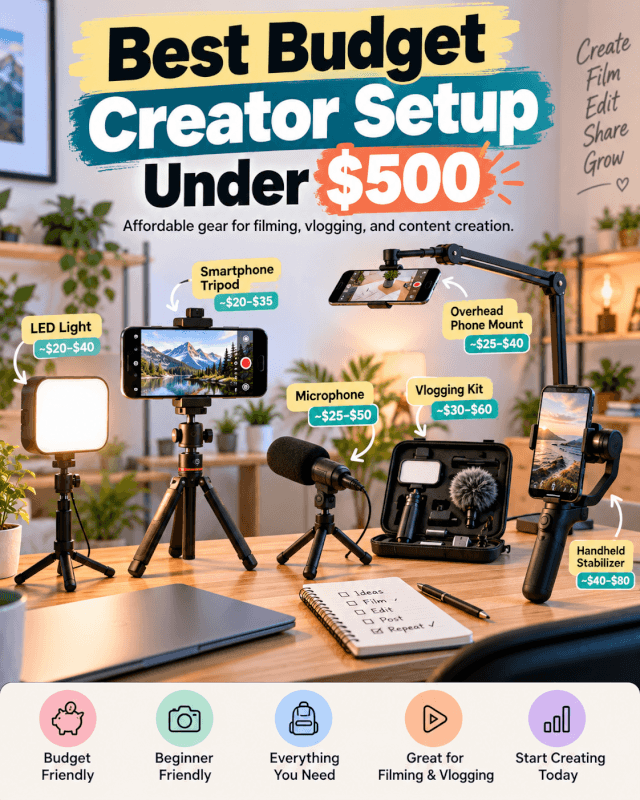 Budget content creator setup under $500 featuring a smartphone tripod, LED lighting, microphone, overhead phone mount, vlogging kit, and handheld stabilizer.