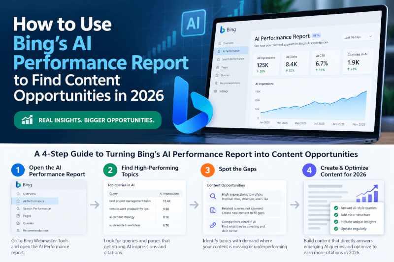 How to use Bing's AI Performance Report to find content opportunities and improve AI search visibility in 2026.