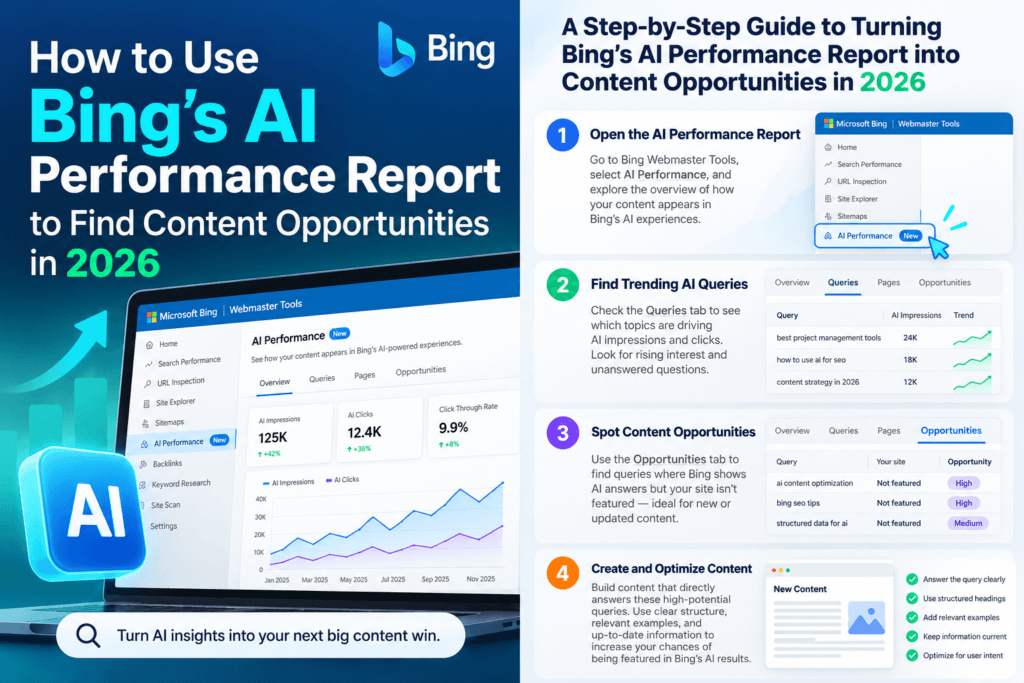 Four-step guide to reviewing Bing AI Performance data, finding content gaps, and optimizing pages for AI search visibility.