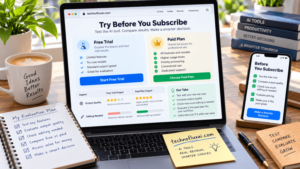 TechnofluxAI free trial versus paid AI plan comparison for evaluating an AI tool before subscribing.