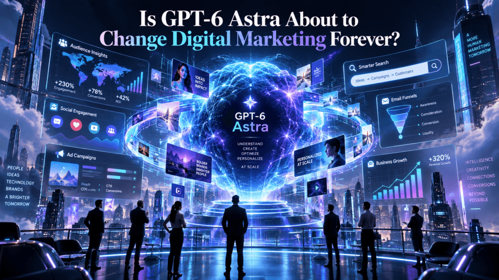 AI-powered marketing workspace showing a laptop, smartphone, campaign dashboards, SEO tools, audience targeting, advertising, branding, and customer engagement powered by GPT-6 Astra.