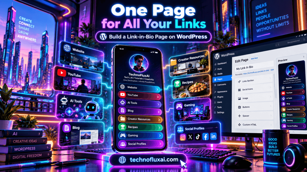 Neon cyberpunk-style image showing a WordPress link-in-bio page on a smartphone, surrounded by glowing cards for website, YouTube, AI tools, blog, creator resources, recipes, gaming, and social profiles, with technofluxai.com at the bottom.